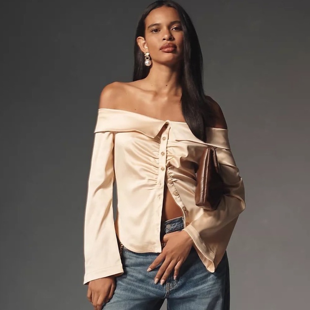 Anthropologie Off-The-Shoulder Wrap Collared Silky Button Front Shirt xxs‎